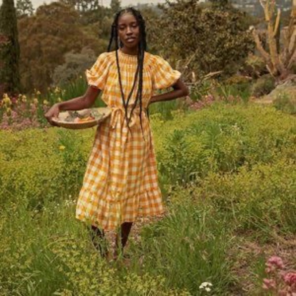 Dôen yellow and white checkered dress. Size XS